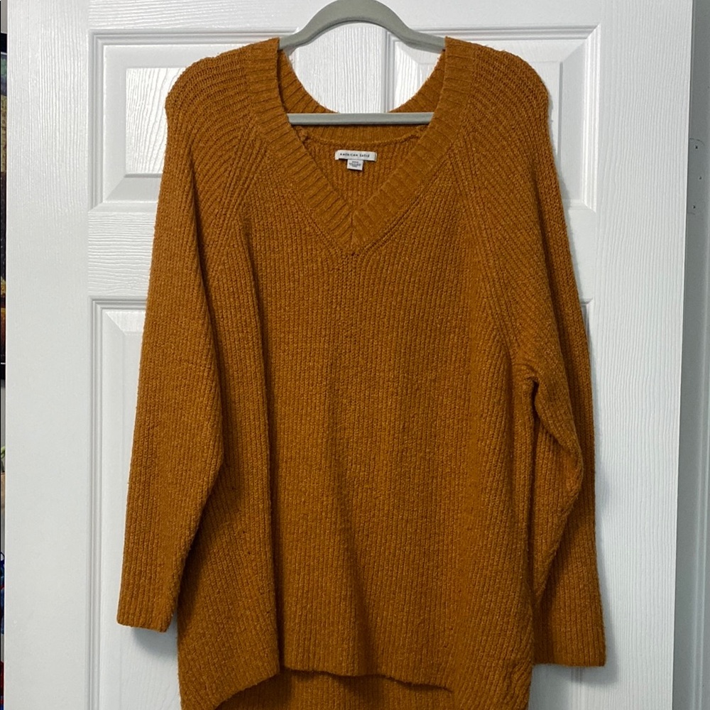 Orange V-Neck Knit Sweater with Relaxed Fit